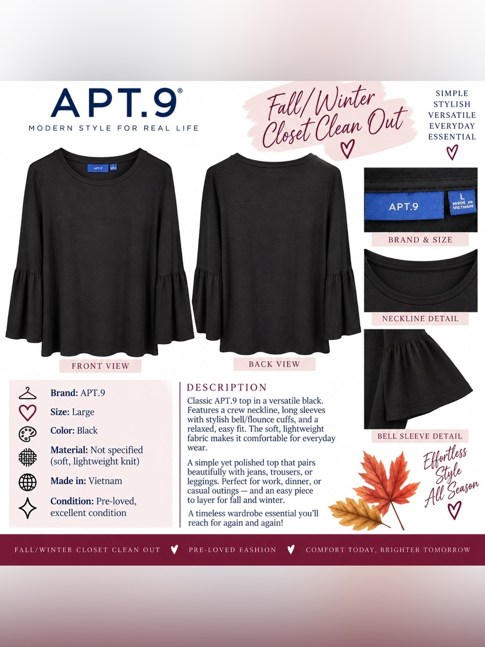 Apt. 9 Black Bell-Sleeve Crewneck Top
